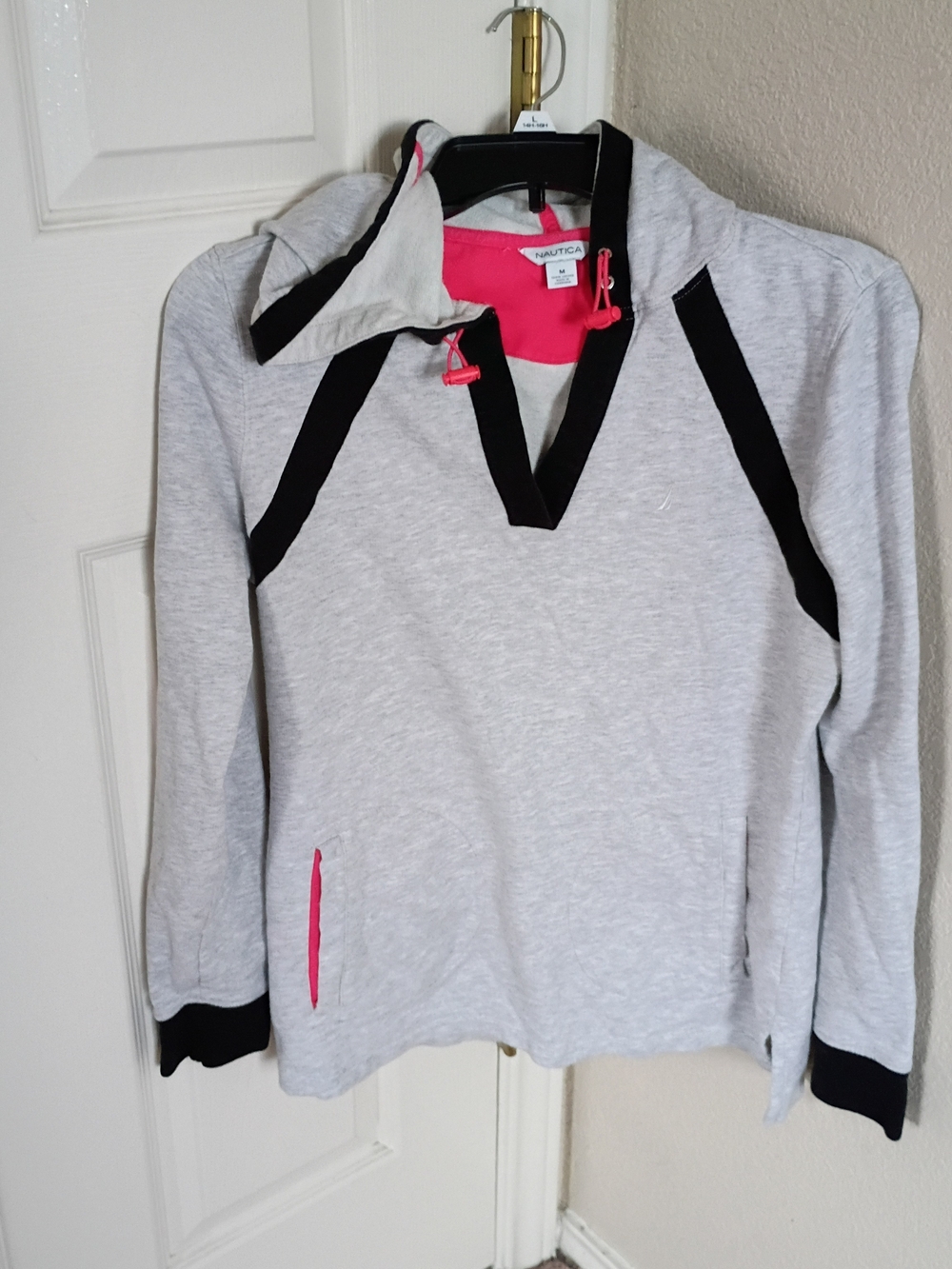 Nautica Light Gray Pullover Hoodie with Black Trim & Pink Accents